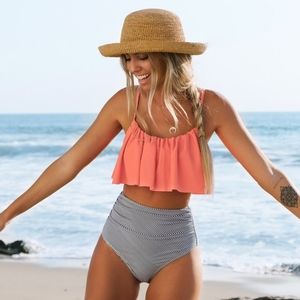 👙NWOT: Pink and Stripe High Waist Bikini Size Large